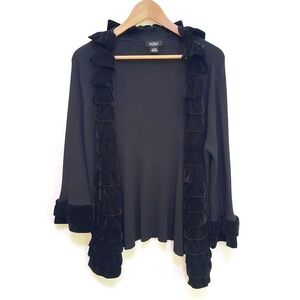 Peck &‎ Peck Black Ribbed Cardigan with Velvet Ruffles, Women's Size L